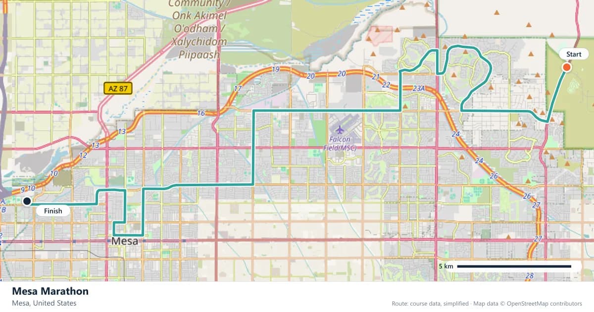 Mesa Marathon course map: the route through Mesa, with the start and the finish marked.