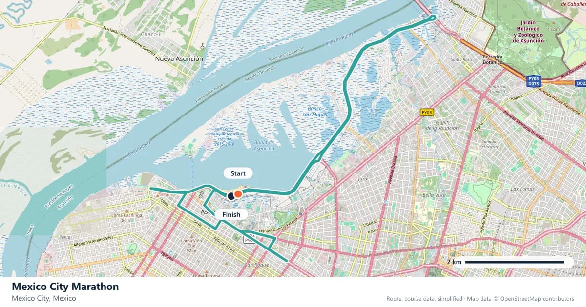 Mexico City Marathon course map: the route through Mexico City, with the start and the finish marked.
