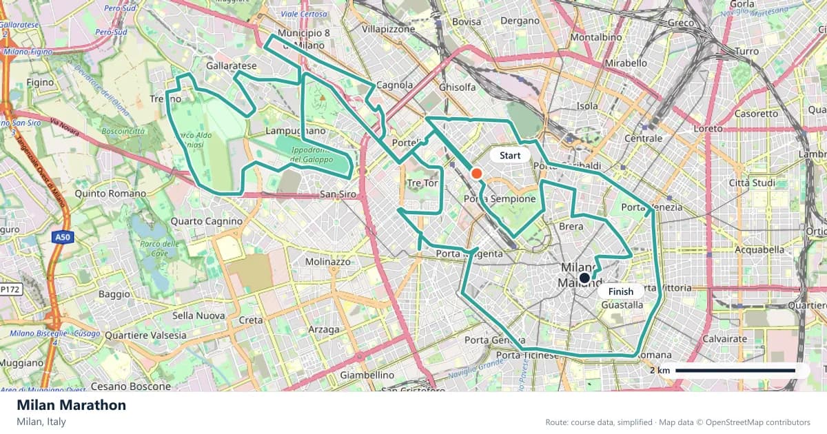 Milan Marathon course map: the route through Milan, with the start and the finish marked.