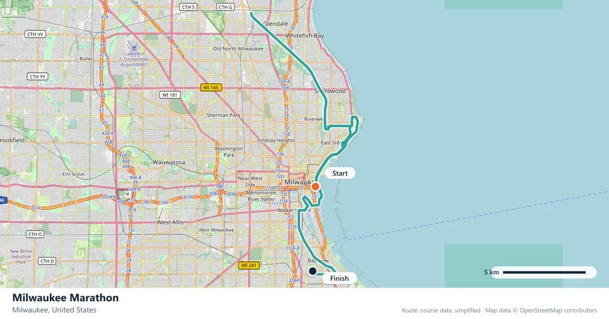Milwaukee Marathon course map: the route through Milwaukee, with the start and the finish marked.