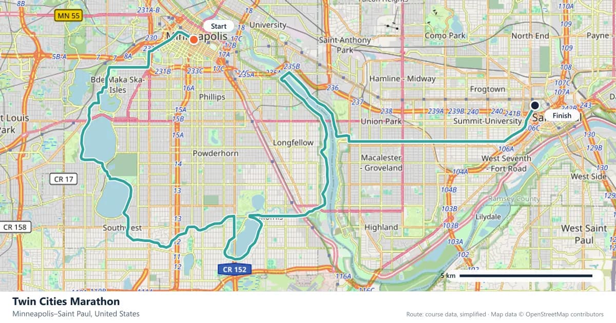 Twin Cities Marathon course map: the route through Minneapolis–Saint Paul, with the start and the finish marked.