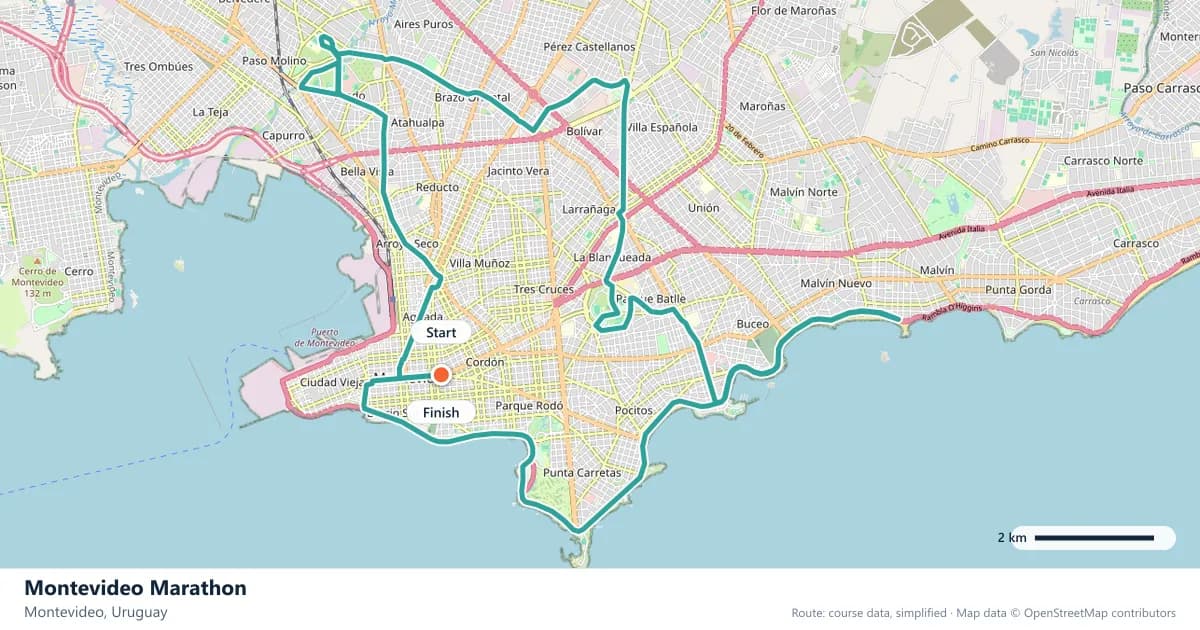 Montevideo Marathon course map: the route through Montevideo, with the start and the finish marked.