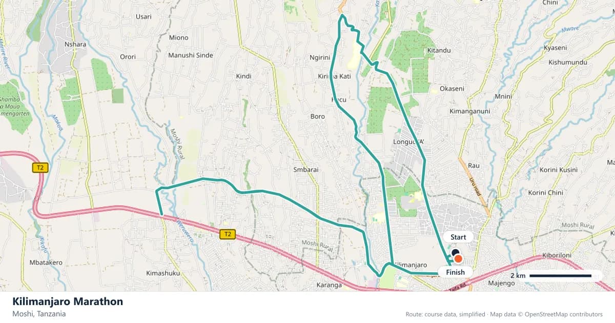 Kilimanjaro Marathon course map: the route through Moshi, with the start and the finish marked.