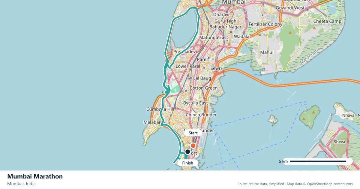Mumbai Marathon course map: the route through Mumbai, with the start and the finish marked.