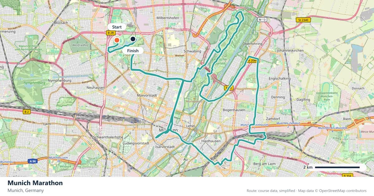Munich Marathon course map: the route through Munich, with the start and the finish marked.