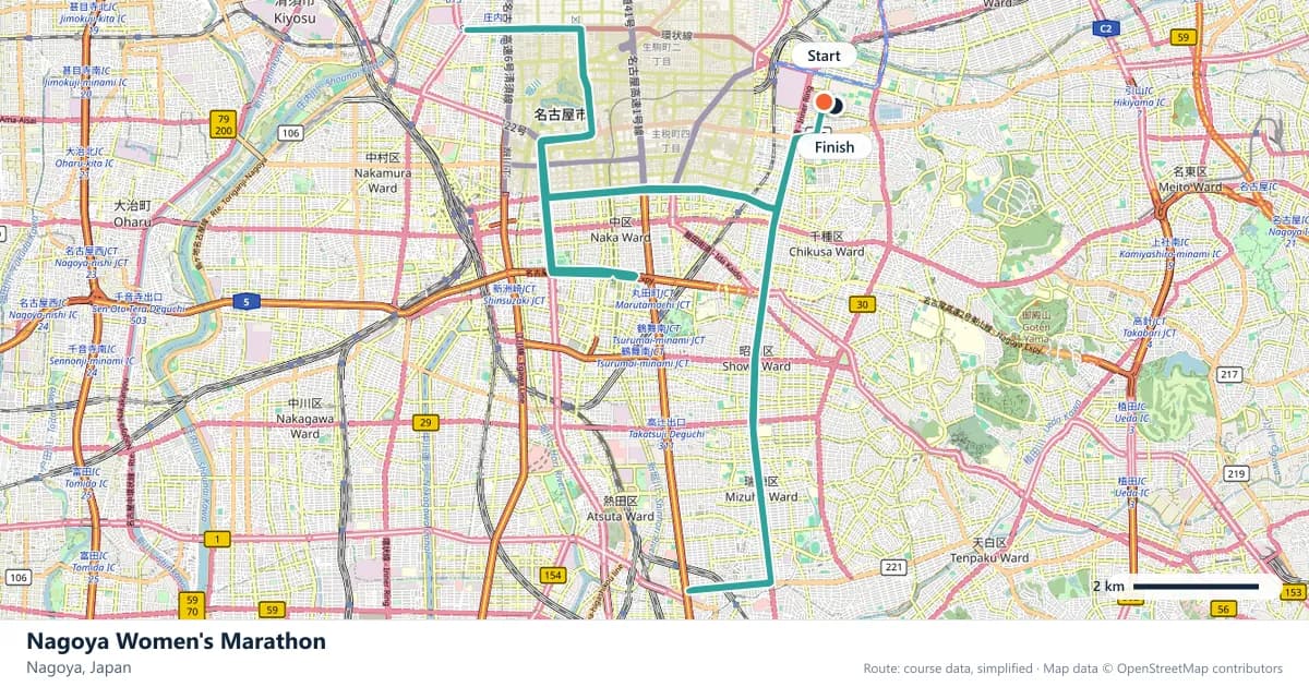 Nagoya Women's Marathon course map: the route through Nagoya, with the start and the finish marked.