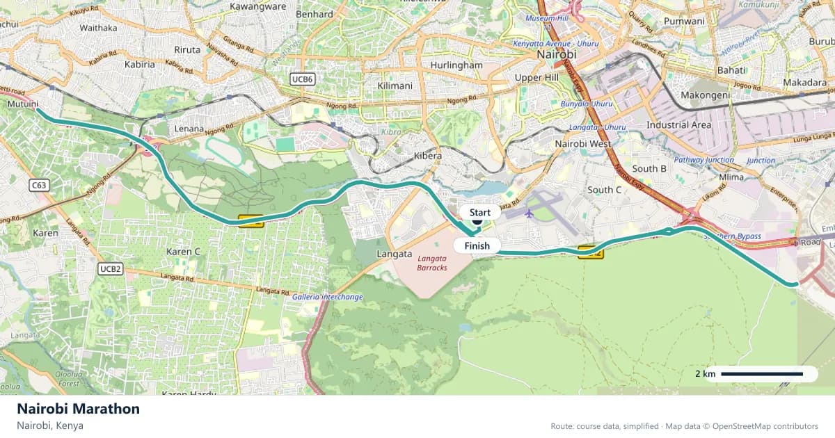 Nairobi Marathon course map: the route through Nairobi, with the start and the finish marked.
