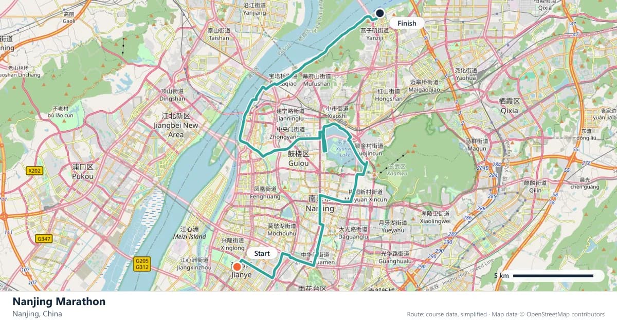 Nanjing Marathon course map: the route through Nanjing, with the start and the finish marked.
