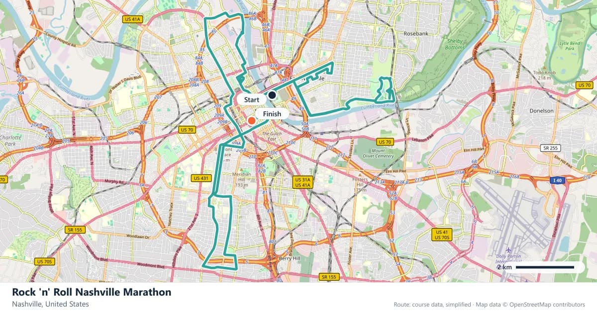 Rock 'n' Roll Nashville Marathon course map: the route through Nashville, with the start and the finish marked.