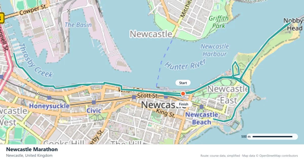 Newcastle Marathon course map: the route through Newcastle, with the start and the finish marked.