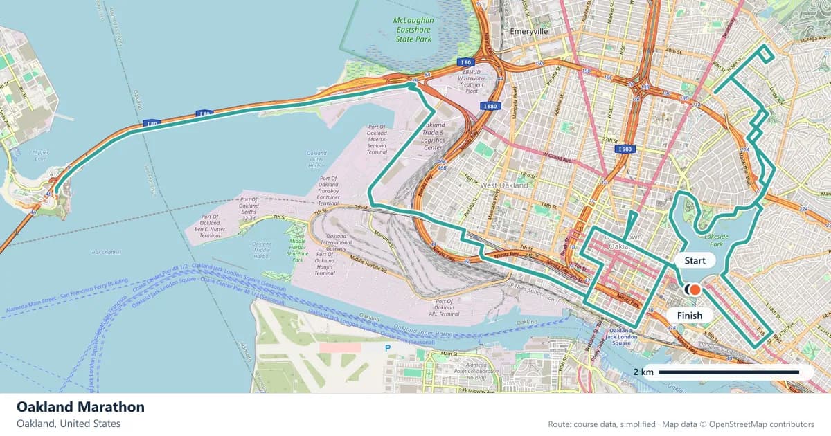 Oakland Marathon course map: the route through Oakland, with the start and the finish marked.