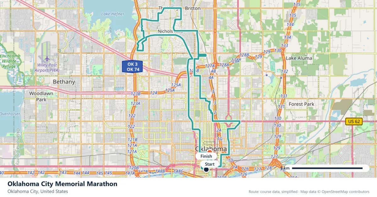 Oklahoma City Memorial Marathon course map: the route through Oklahoma City, with the start and the finish marked.