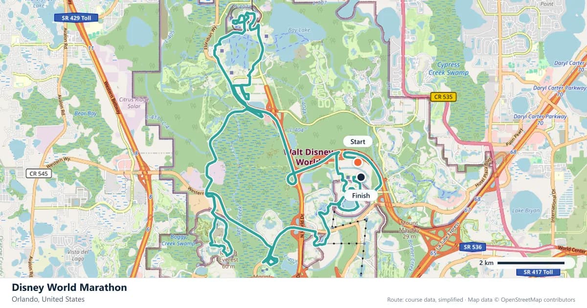 Disney World Marathon course map: the route through Orlando, with the start and the finish marked.