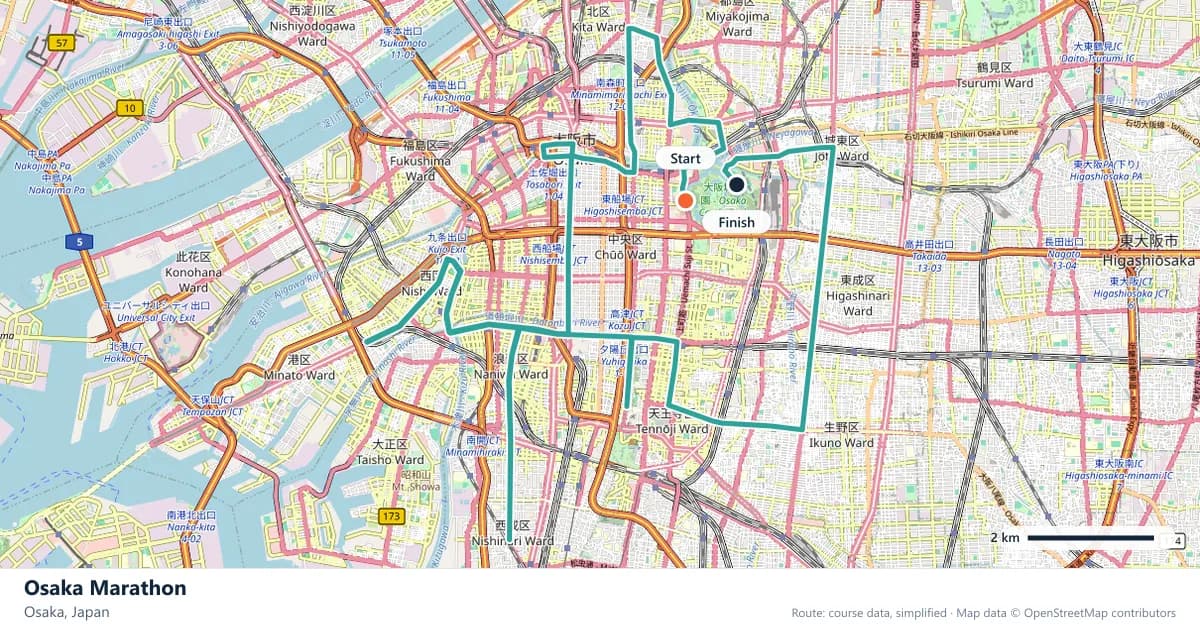 Osaka Marathon course map: the route through Osaka, with the start and the finish marked.