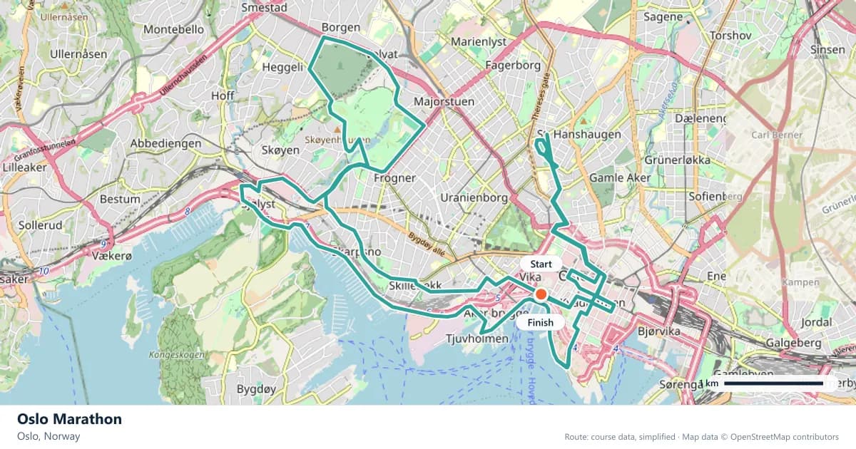 Oslo Marathon course map: the route through Oslo, with the start and the finish marked.