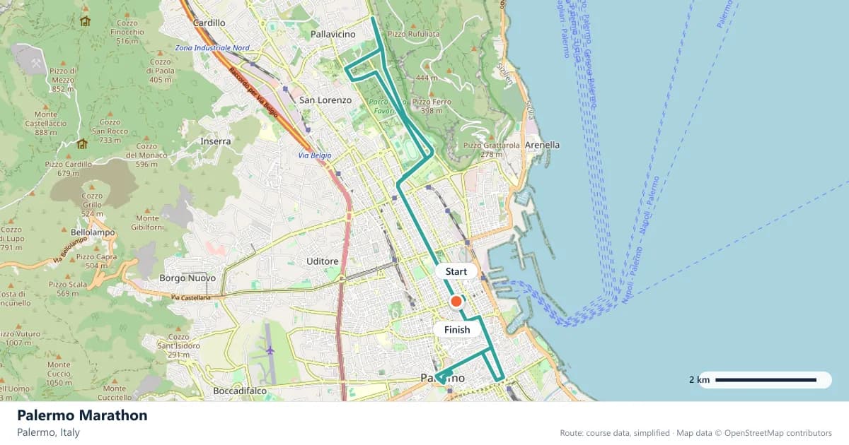 Palermo Marathon course map: the route through Palermo, with the start and the finish marked.