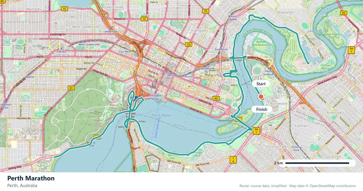 Perth Marathon course map: the route through Perth, with the start and the finish marked.
