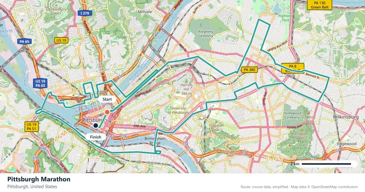 Pittsburgh Marathon course map: the route through Pittsburgh, with the start and the finish marked.