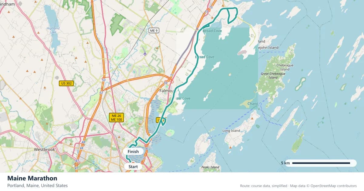 Maine Marathon course map: the route through Portland, Maine, with the start and the finish marked.