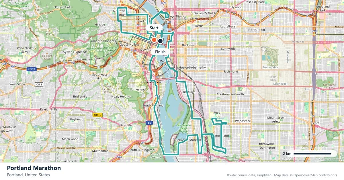 Portland Marathon course map: the route through Portland, with the start and the finish marked.