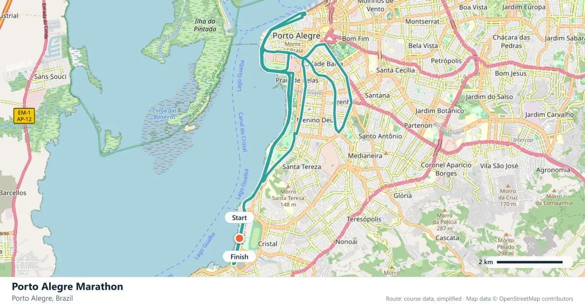 Porto Alegre Marathon course map: the route through Porto Alegre, with the start and the finish marked.