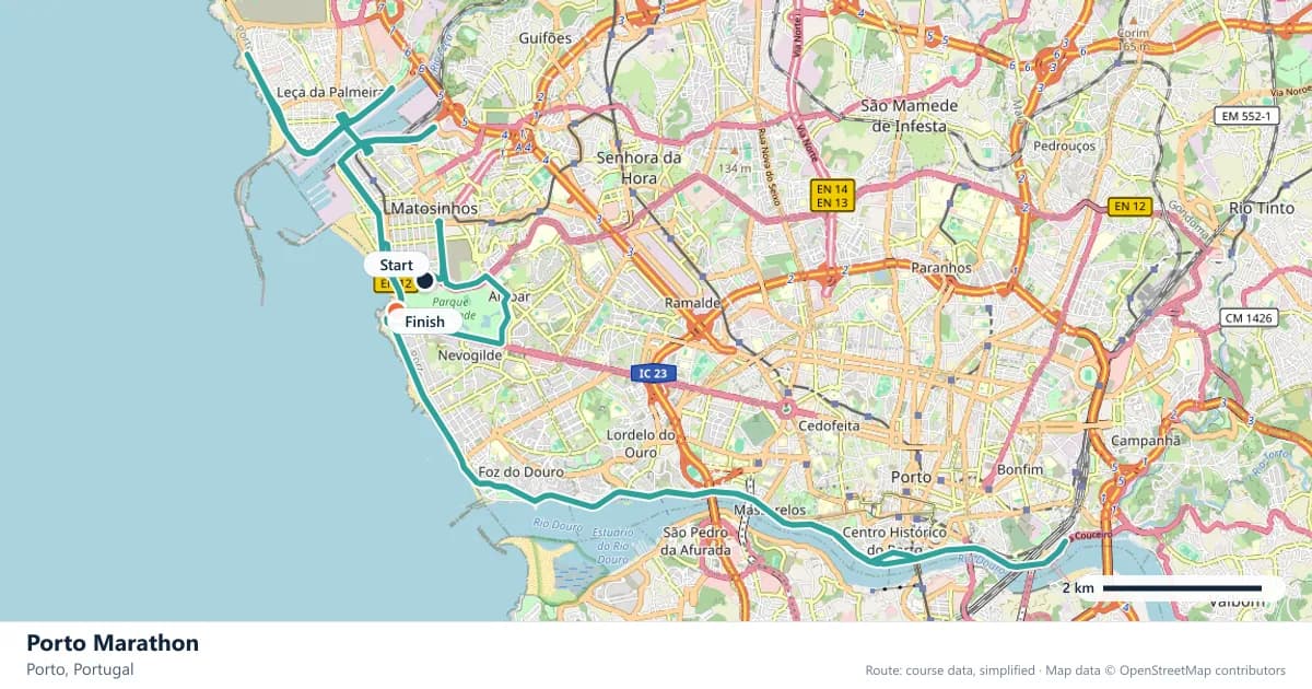 Porto Marathon course map: the route through Porto, with the start and the finish marked.