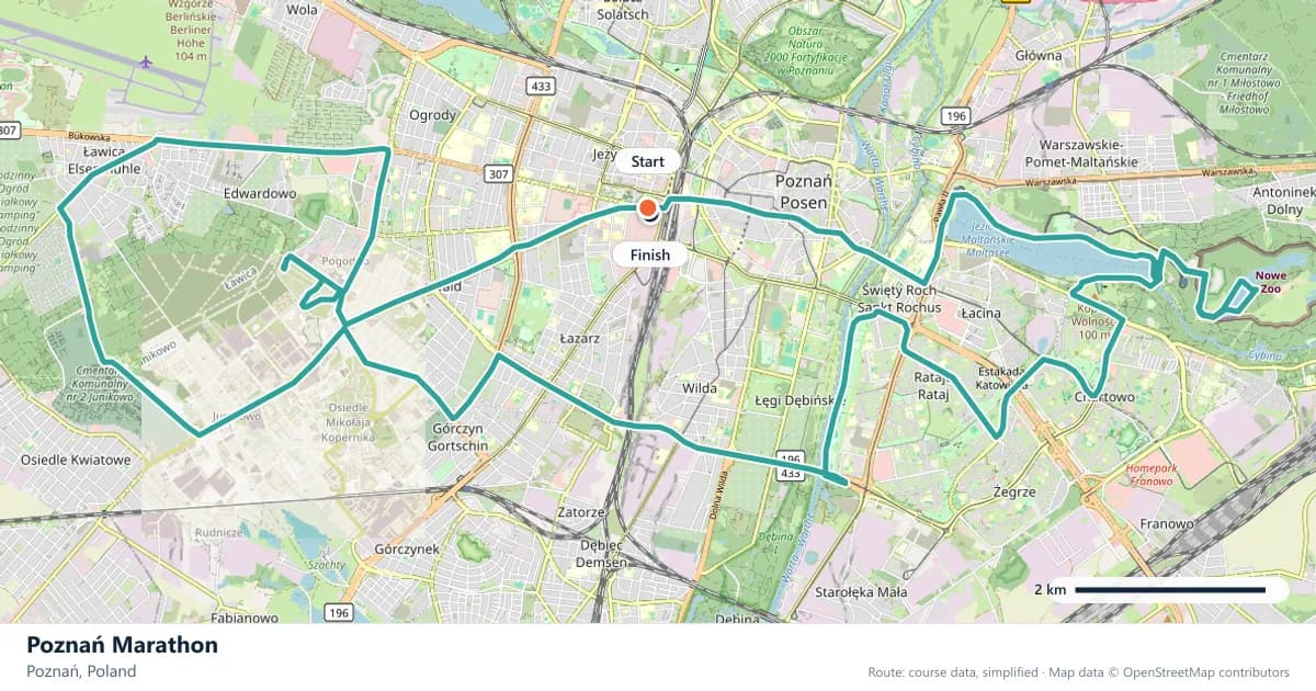 Poznań Marathon course map: the route through Poznań, with the start and the finish marked.