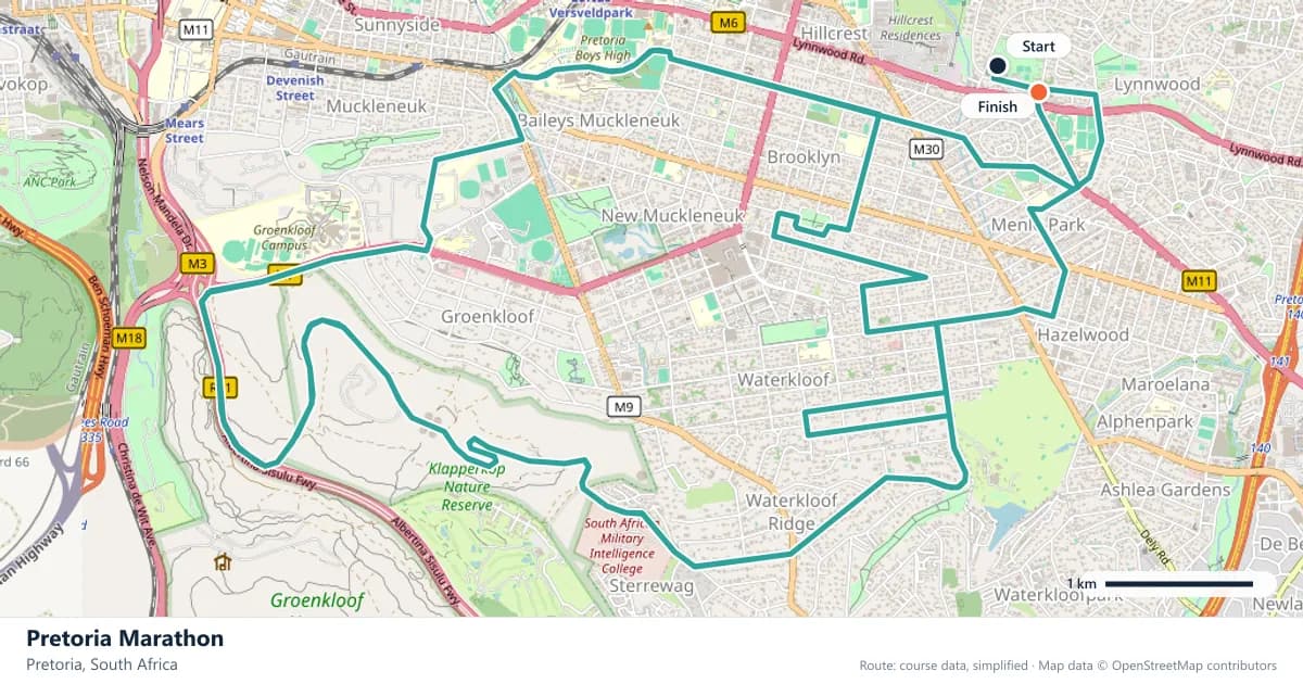Pretoria Marathon course map: the route through Pretoria, with the start and the finish marked.