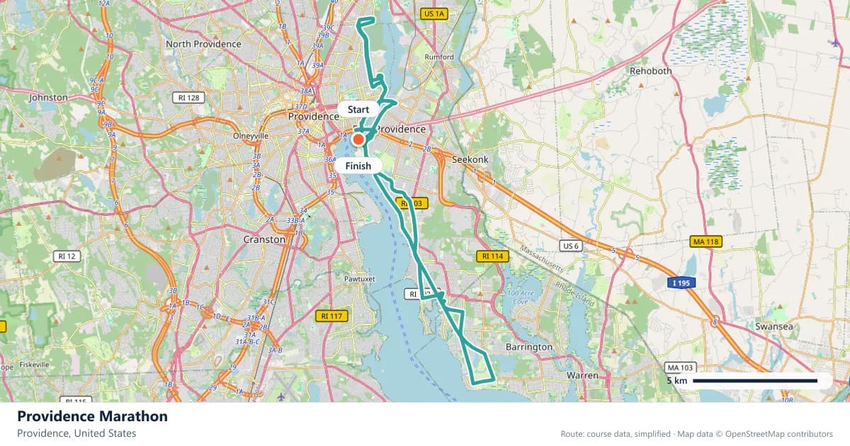 Providence Marathon course map: the route through Providence, with the start and the finish marked.