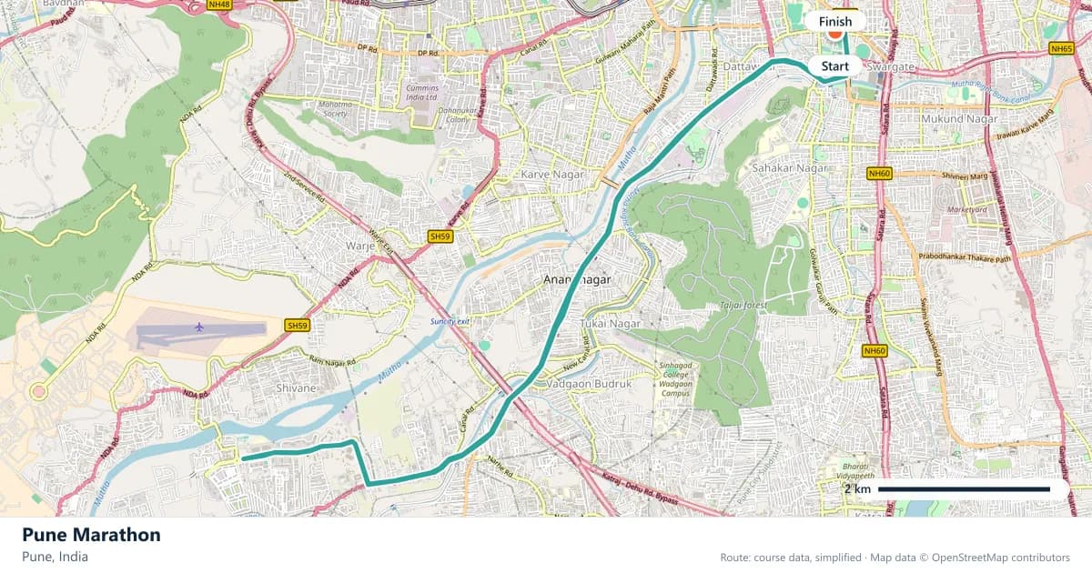 Pune Marathon course map: the route through Pune, with the start and the finish marked.