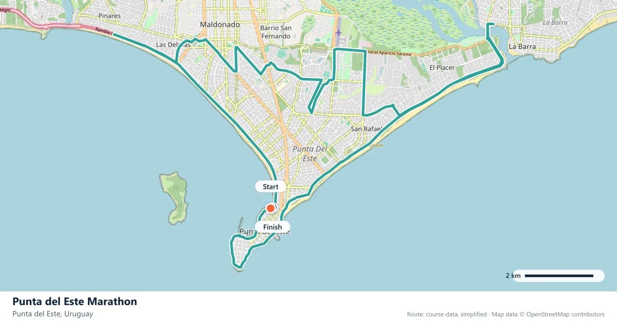 Punta del Este Marathon course map: the route through Punta del Este, with the start and the finish marked.