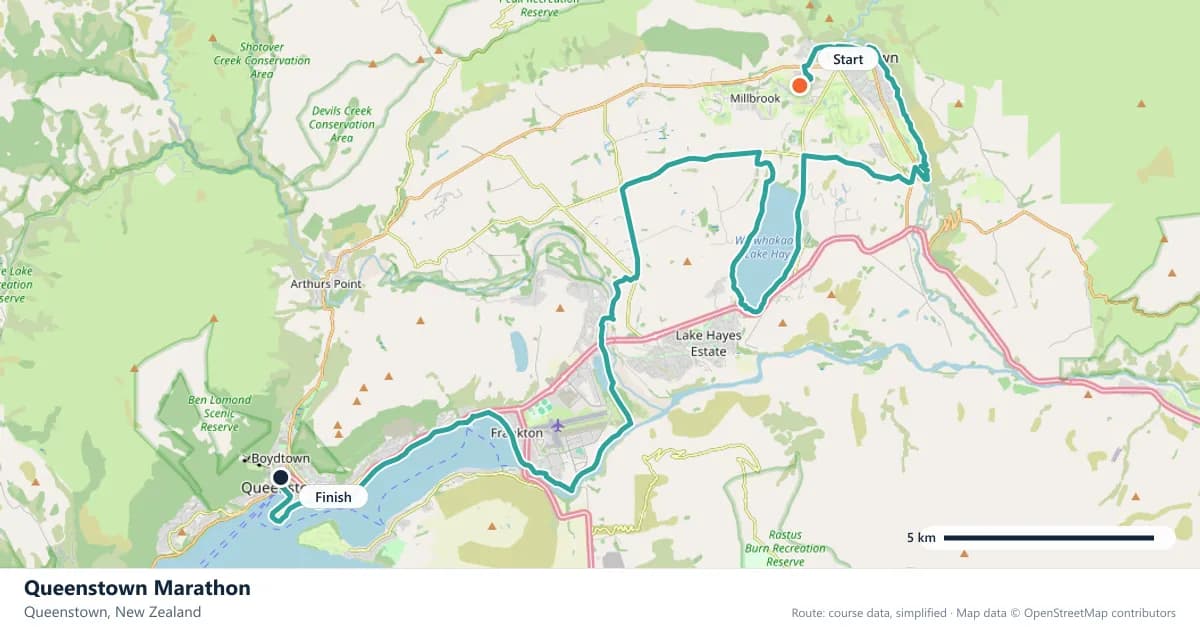 Queenstown Marathon course map: the route through Queenstown, with the start and the finish marked.