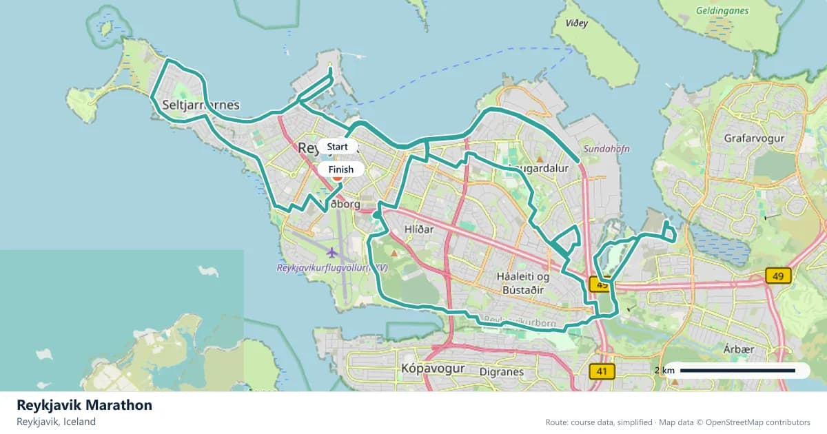 Reykjavik Marathon course map: the route through Reykjavik, with the start and the finish marked.