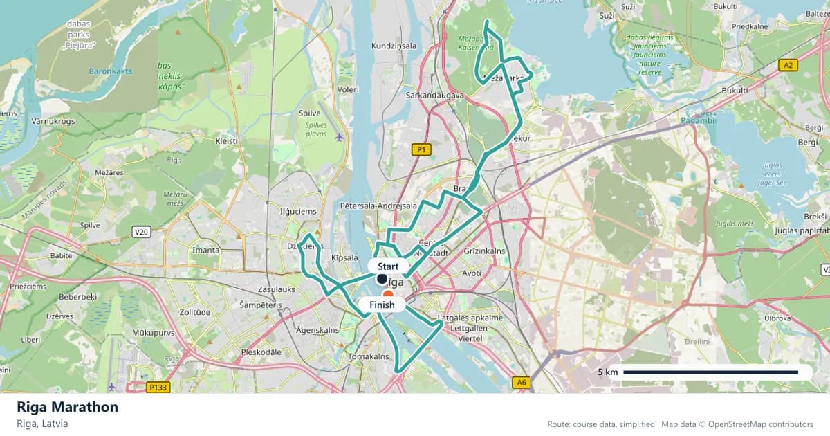 Riga Marathon course map: the route through Riga, with the start and the finish marked.
