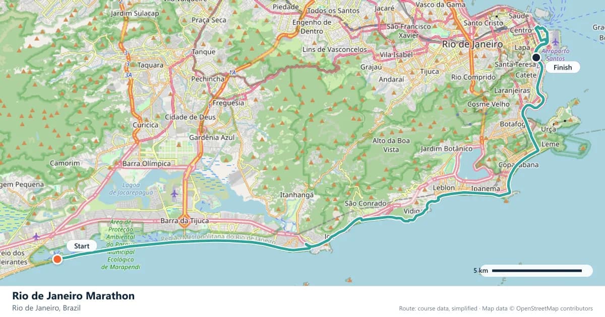 Rio de Janeiro Marathon course map: the route through Rio de Janeiro, with the start and the finish marked.
