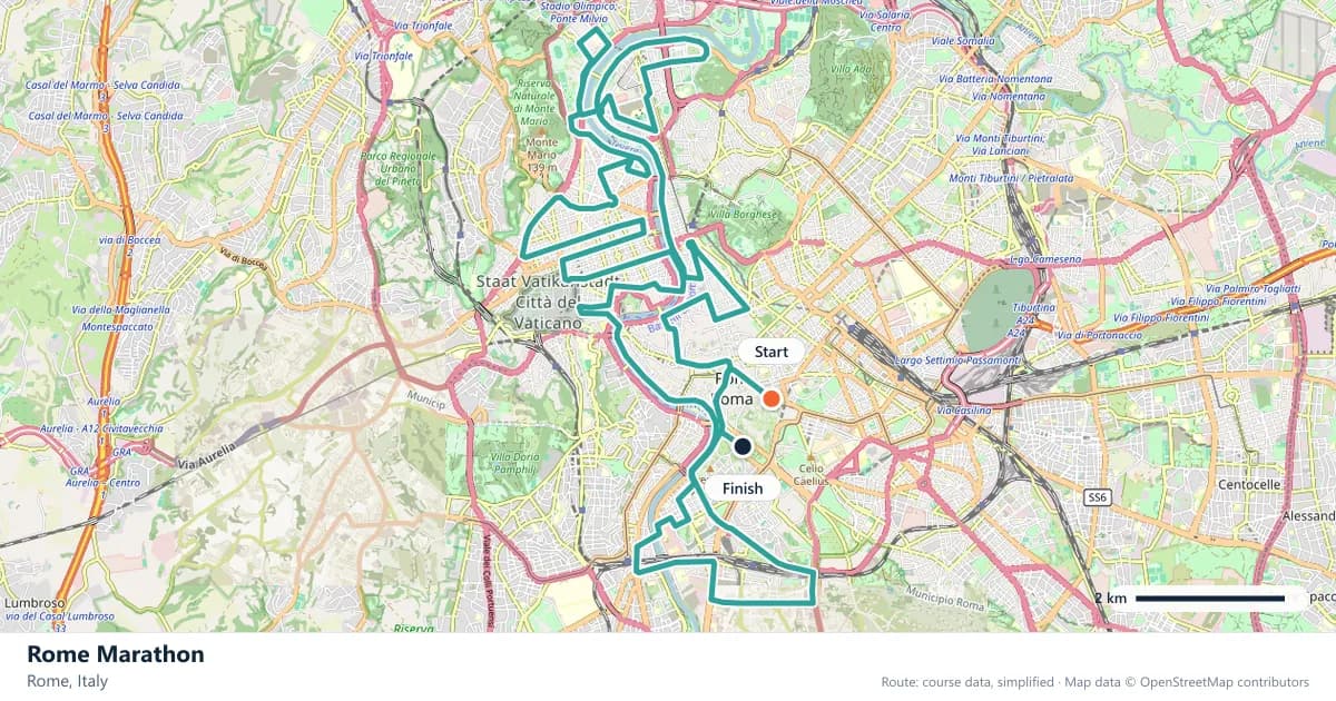Rome Marathon course map: the route through Rome, with the start and the finish marked.