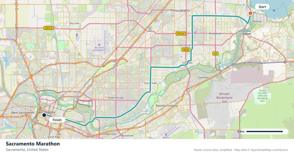 Sacramento Marathon course map: the route through Sacramento, with the start and the finish marked.