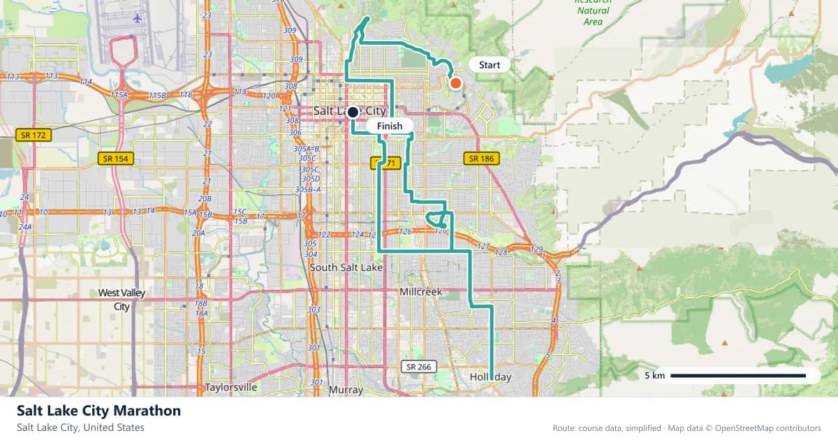 Salt Lake City Marathon course map: the route through Salt Lake City, with the start and the finish marked.