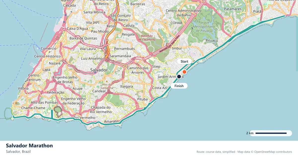 Salvador Marathon course map: the route through Salvador, with the start and the finish marked.