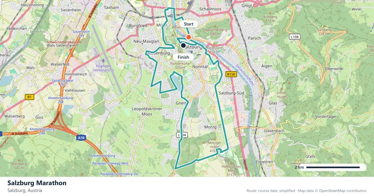 Salzburg Marathon course map: the route through Salzburg, with the start and the finish marked.