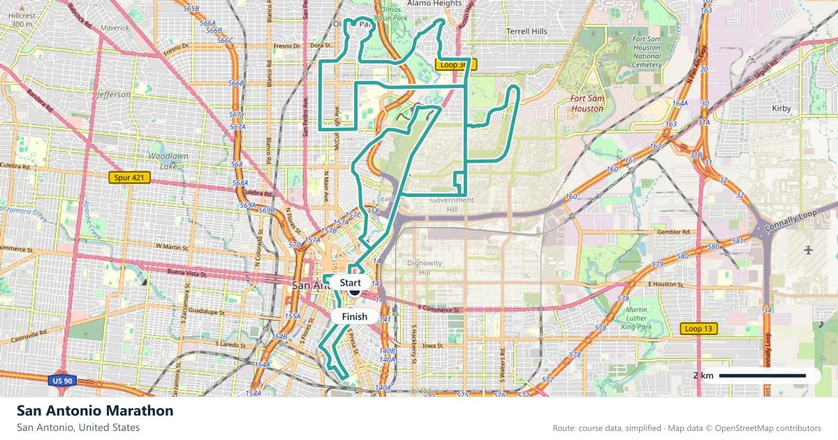 San Antonio Marathon course map: the route through San Antonio, with the start and the finish marked.