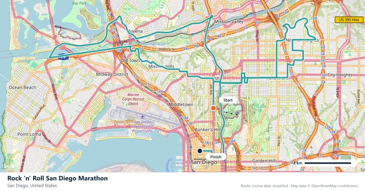 Rock 'n' Roll San Diego Marathon course map: the route through San Diego, with the start and the finish marked.