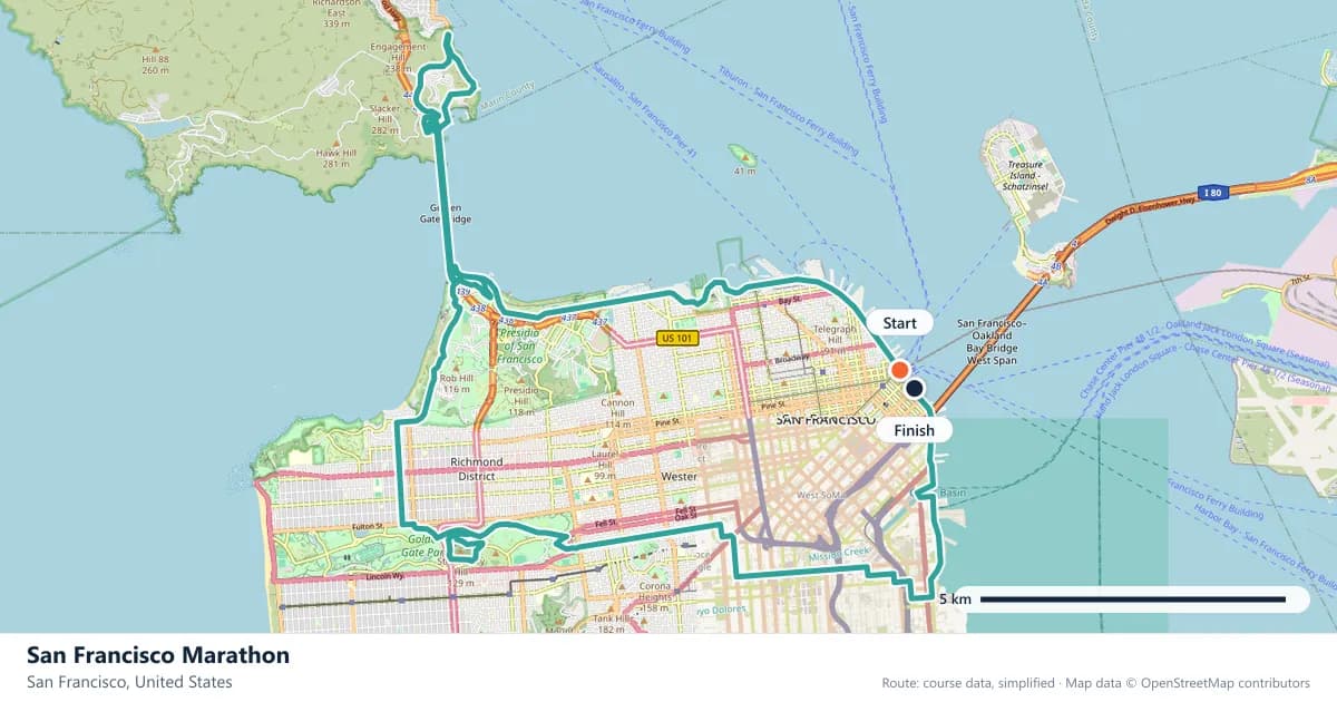 San Francisco Marathon course map: the route through San Francisco, with the start and the finish marked.