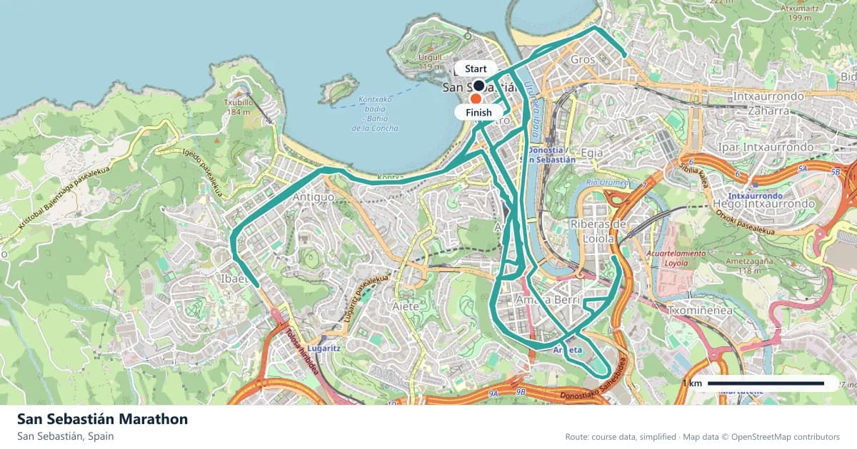 San Sebastián Marathon course map: the route through San Sebastián, with the start and the finish marked.