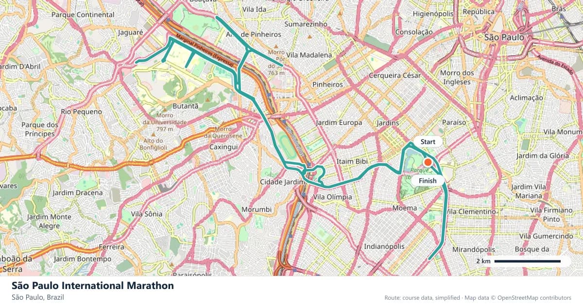 São Paulo International Marathon course map: the route through São Paulo, with the start and the finish marked.