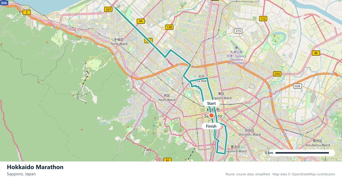 Hokkaido Marathon course map: the route through Sapporo, with the start and the finish marked.