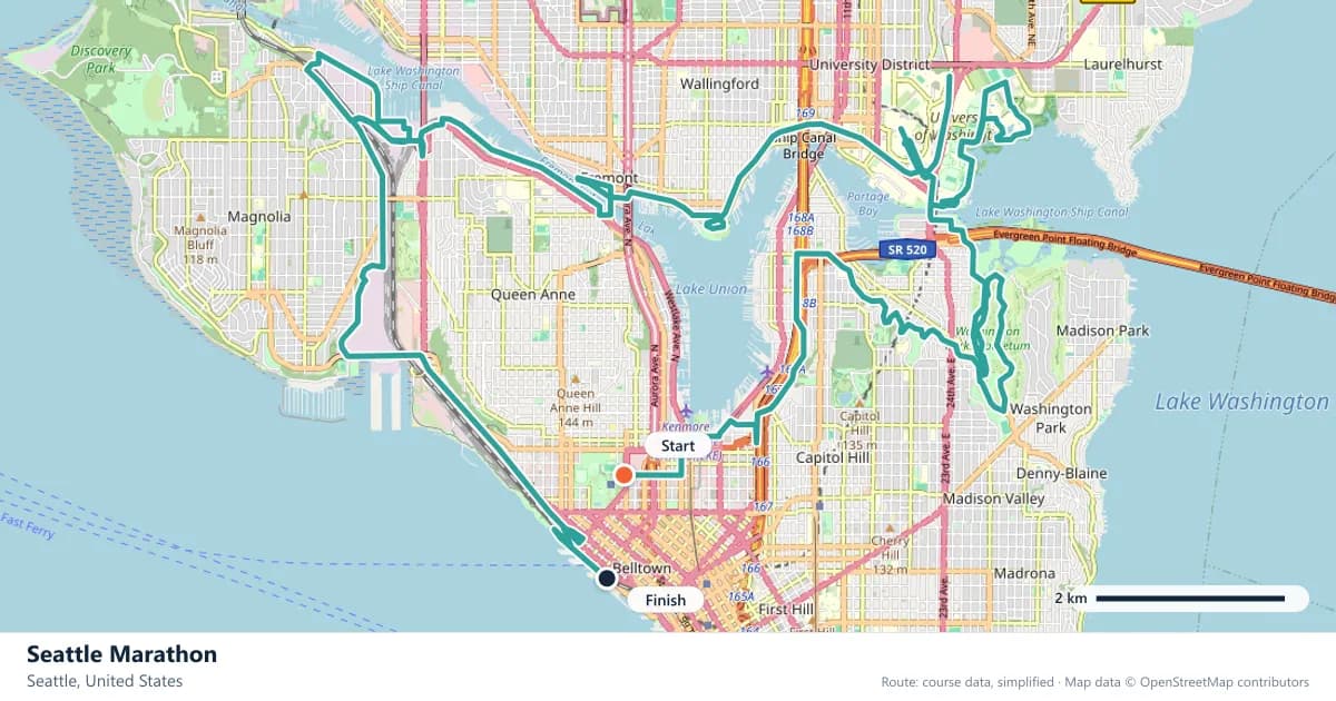 Seattle Marathon course map: the route through Seattle, with the start and the finish marked.