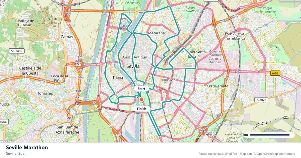 Seville Marathon course map: the route through Seville, with the start and the finish marked.
