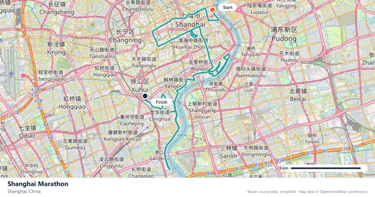 Shanghai Marathon course map: the route through Shanghai, with the start and the finish marked.