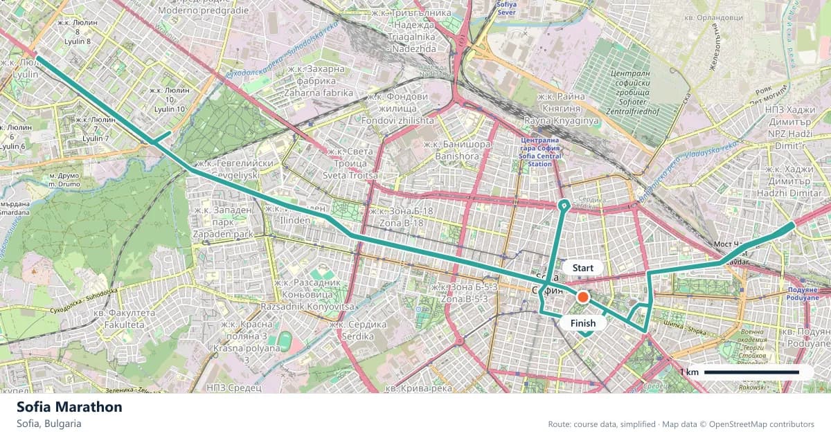Sofia Marathon course map: the route through Sofia, with the start and the finish marked.